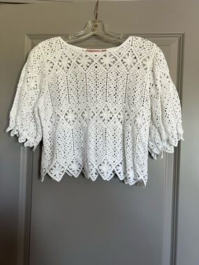 Willow & Root White Crochet Lace Top Puff Sleeve Boho Festival Size Small